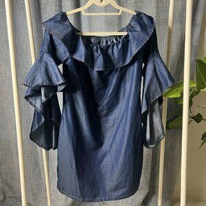 Alpha & Omega Medium Blue Off-the-Shoulder Dress – Flowing & Feminine